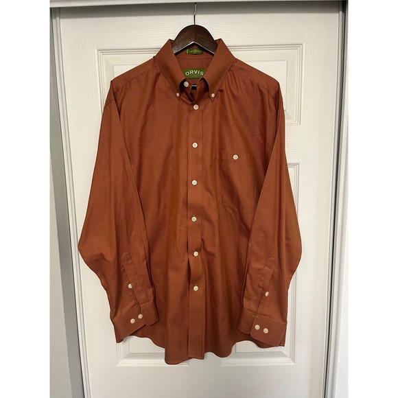Orvis Mens Large Long Sleeve Button Down Orange Houndstooth - Picture 1 of 3
